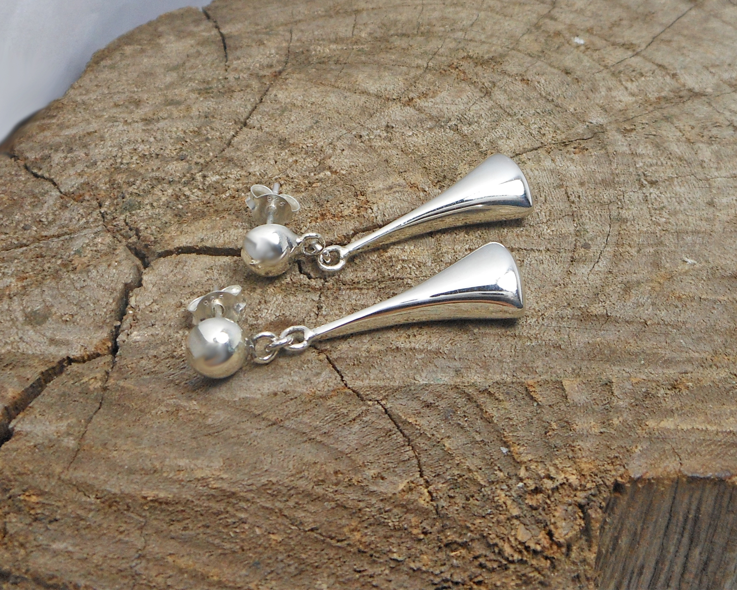 Puffy Tapered Cone Dangle Earrings 925 Sterling Silver | Handmade Geometric Jewelry - Image 4