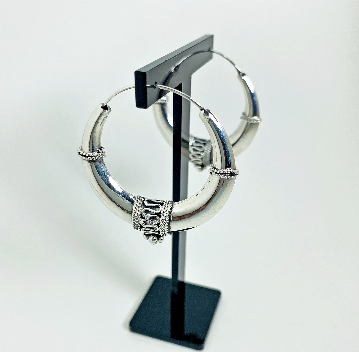 Handmade Art Deco Tribal Hoop Earrings – Large Puffy 925 Sterling Silver Jewelry - Image 5