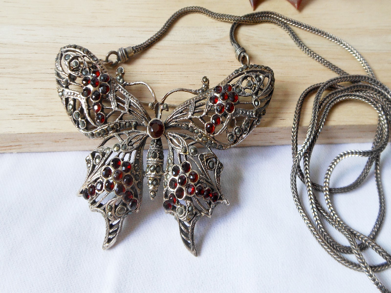 Handmade 925 Sterling Silver Butterfly Necklace & Brooch Set - Marcasite & Garnet Jewelry - Image 5