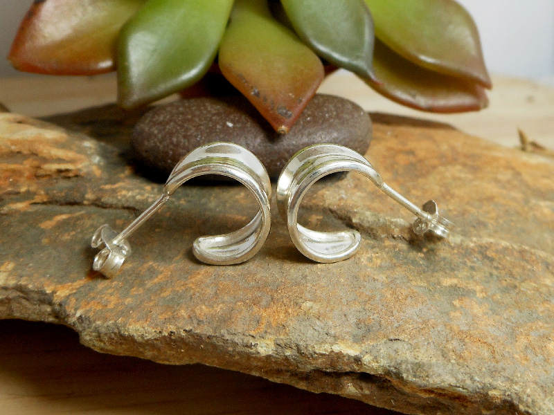 925 Sterling Silver Concave Hoop Stud Earrings – Handmade Geometric Jewelry - Image 6