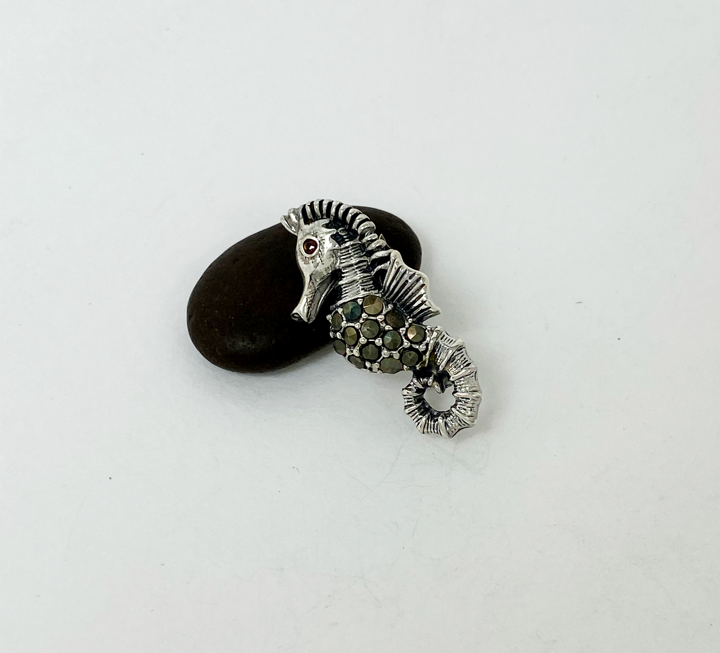 Sup Silver Marcasite Seahorse Brooch 925 Sterling Silver, Handmade Sea Animal Jewelry Gifts - Image 6