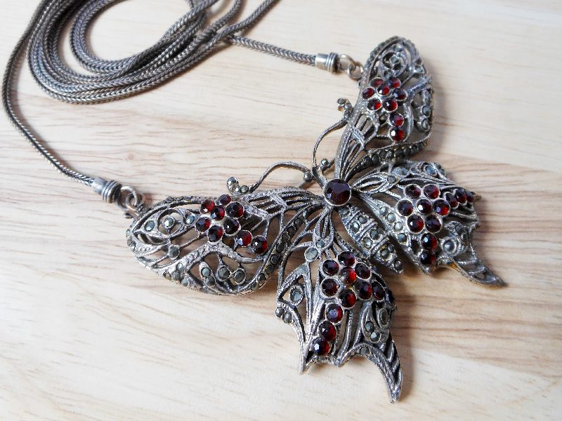 Handmade 925 Sterling Silver Butterfly Necklace & Brooch Set - Marcasite & Garnet Jewelry - Image 6