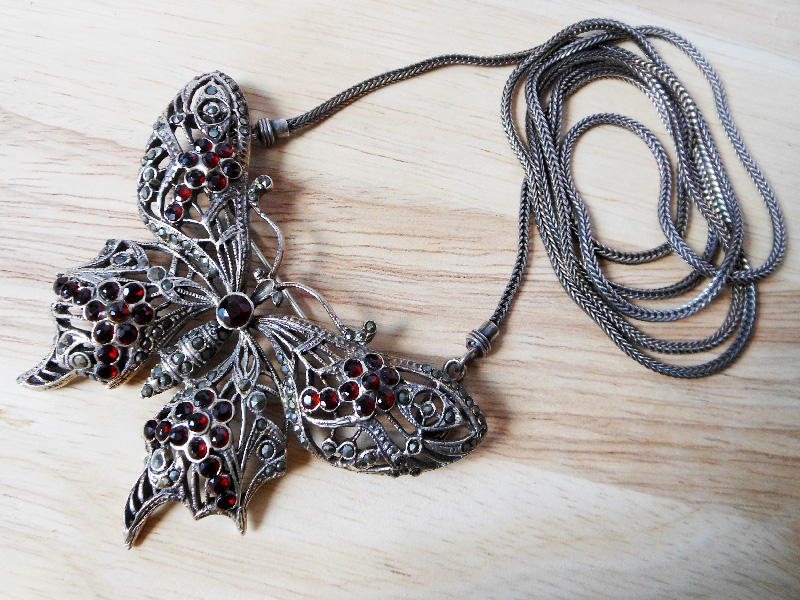 Handmade 925 Sterling Silver Butterfly Necklace & Brooch Set - Marcasite & Garnet Jewelry - Image 7