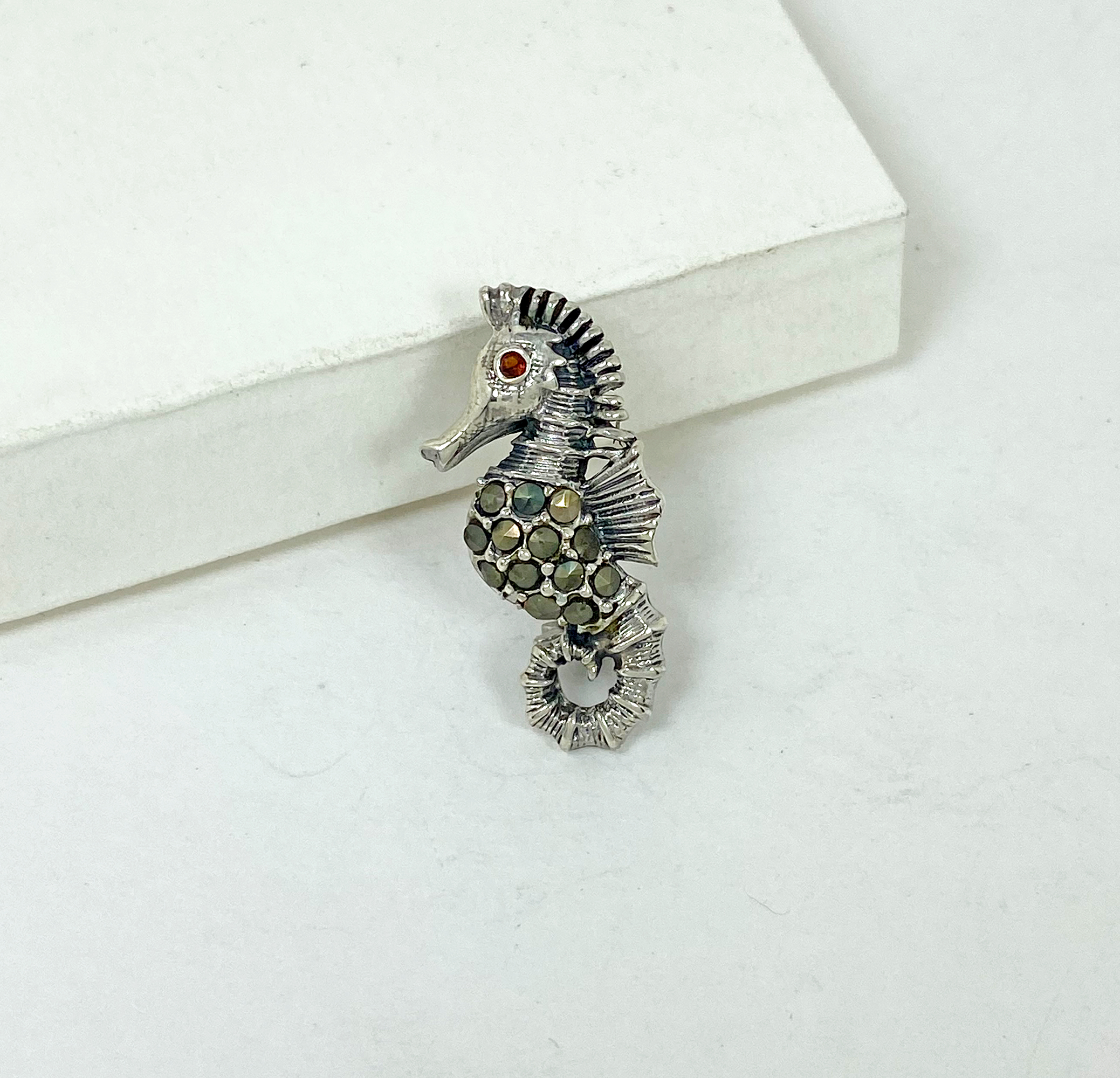 Sup Silver Marcasite Seahorse Brooch 925 Sterling Silver, Handmade Sea Animal Jewelry Gifts - Image 8