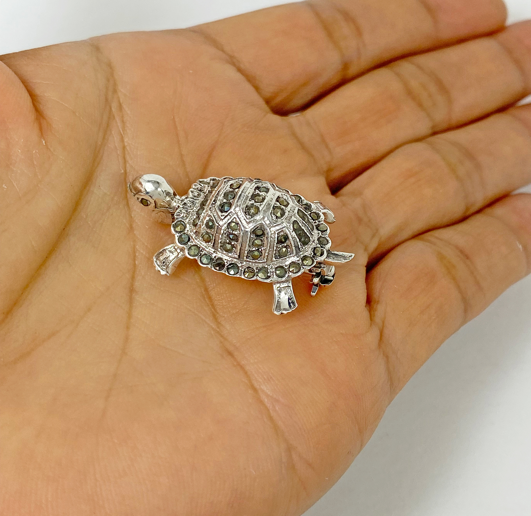 Sup Silver Marcasite Climbing Turtle Brooch 925 Sterling Silver, Handmade Animal Pin Jewelry Gifts