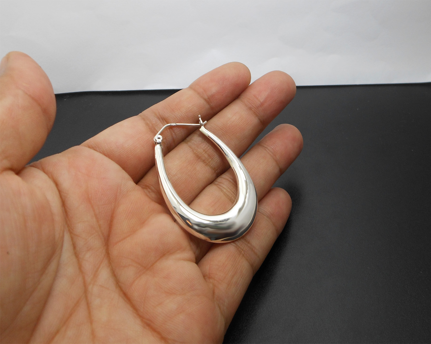 Handmade Long Oval Puffy Hoop Earrings – 925 Sterling Silver Tapered Statement Jewelry - Image 8