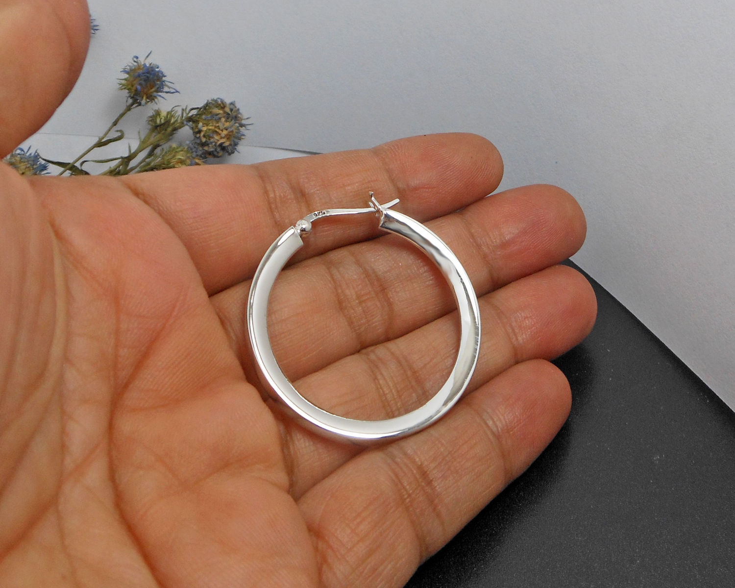 Handcrafted 36mm Knife Edge Hoop Earrings – 925 Sterling Silver Statement Jewelry - Image 8