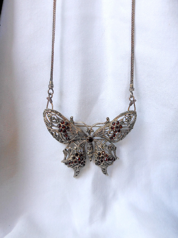Handmade 925 Sterling Silver Butterfly Necklace & Brooch Set - Marcasite & Garnet Jewelry - Image 8