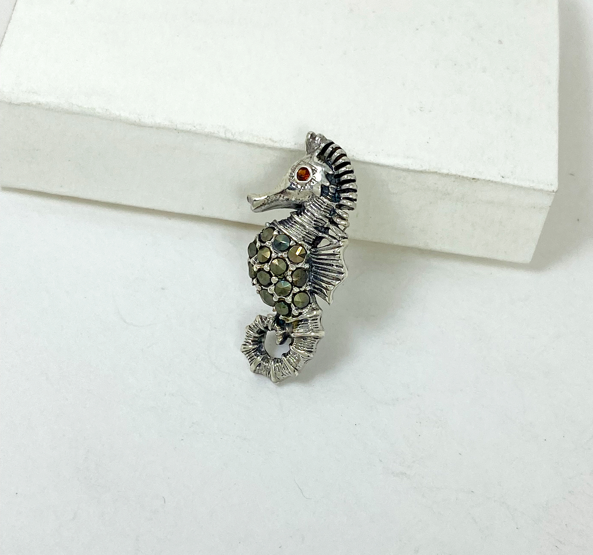 Sup Silver Marcasite Seahorse Brooch 925 Sterling Silver, Handmade Sea Animal Jewelry Gifts - Image 9