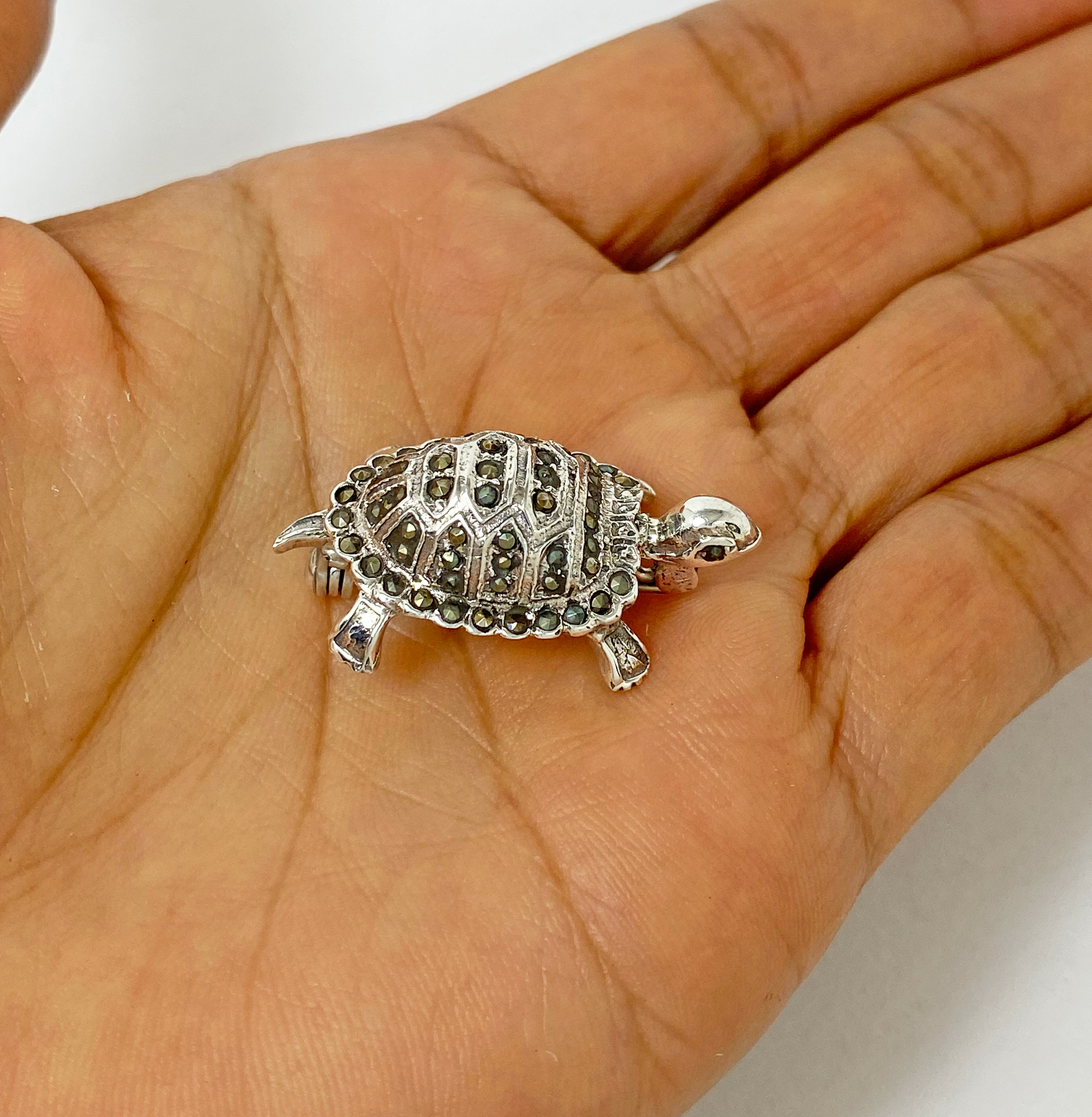 Sup Silver Marcasite Climbing Turtle Brooch 925 Sterling Silver, Handmade Animal Pin Jewelry Gifts - Image 3