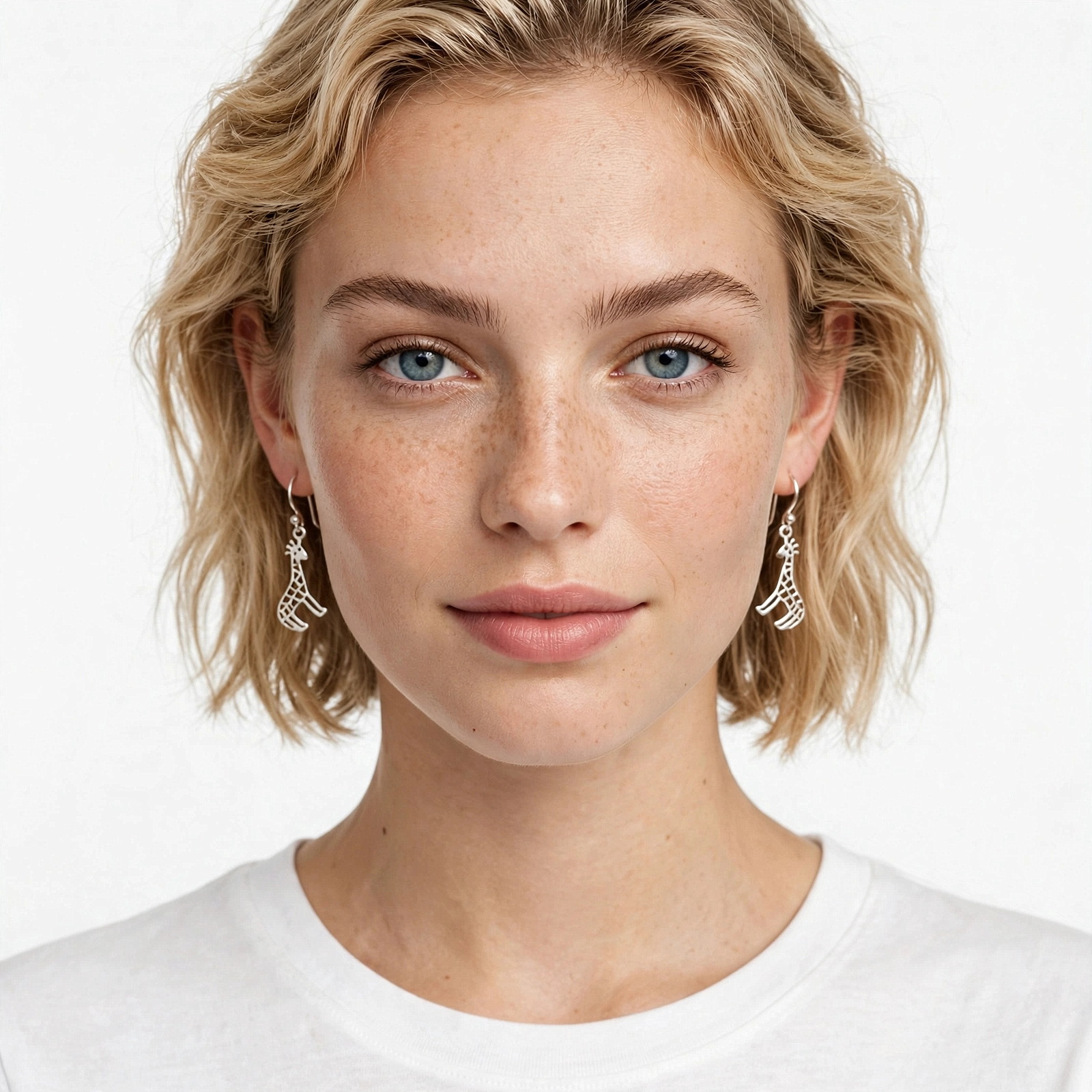 Model wearing the sterling silver cutout giraffe dangle earrings.