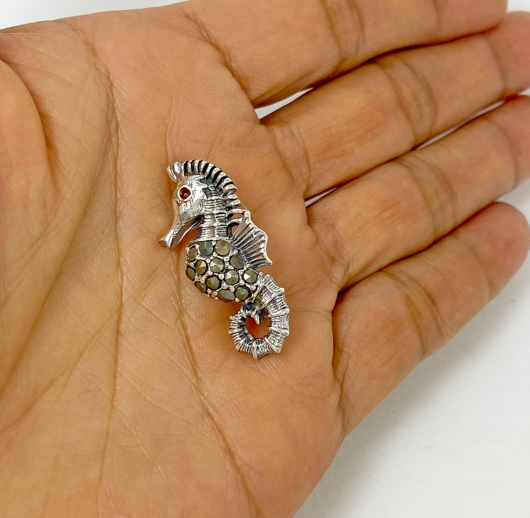 Sup Silver Marcasite Seahorse Brooch 925 Sterling Silver, Handmade Sea Animal Jewelry Gifts