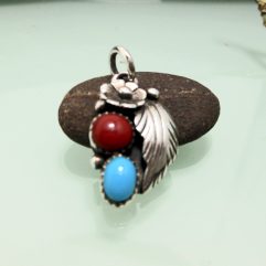 925 Sterling Silver flower pendant, left-facing design with turquoise and coral