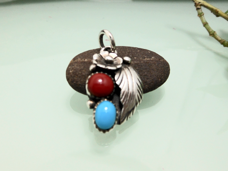 925 Sterling Silver flower pendant, left-facing design with turquoise and coral