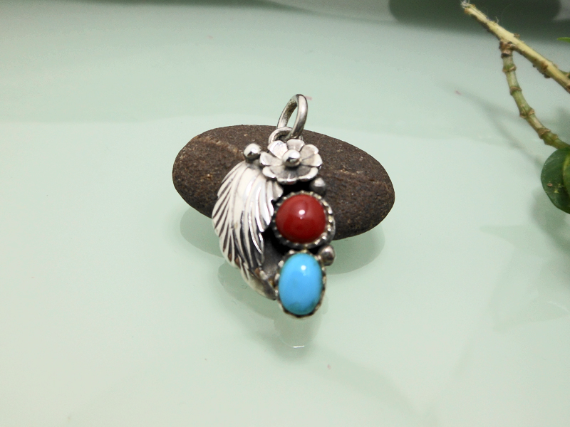 925 Sterling Silver flower pendant, right-facing design with turquoise and coral