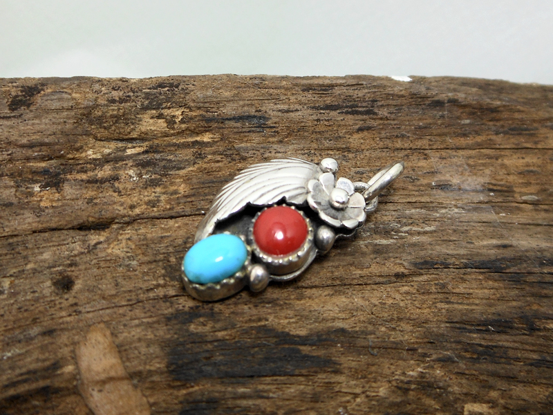 Artisan turquoise and coral flower pendant, right-facing orientation