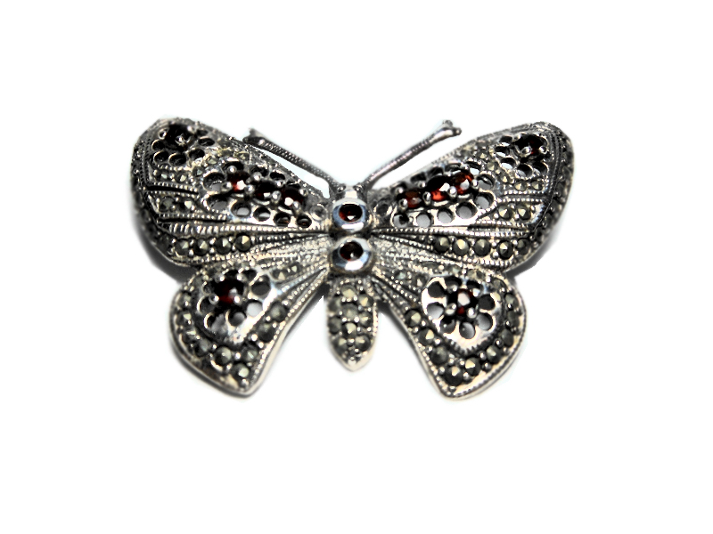 Garnet Butterfly Brooch, Silver Marcasite Pin | Sup Silver - Image 2