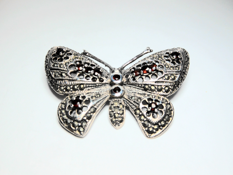 Garnet Butterfly Brooch, Silver Marcasite Pin | Sup Silver - Image 3