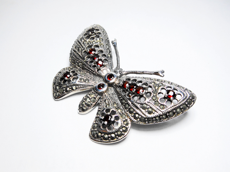 Garnet Butterfly Brooch, Silver Marcasite Pin | Sup Silver