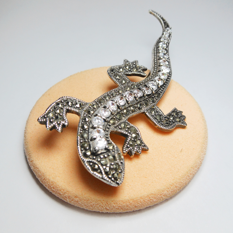Sup Silver Marcasite & CZ Lizard Brooch 925 Sterling Silver, Handmade Animal Pin Jewelry Gifts - Image 2