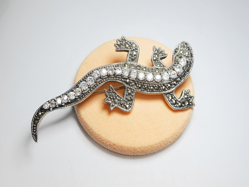 Sup Silver Marcasite & CZ Lizard Brooch 925 Sterling Silver, Handmade Animal Pin Jewelry Gifts - Image 3