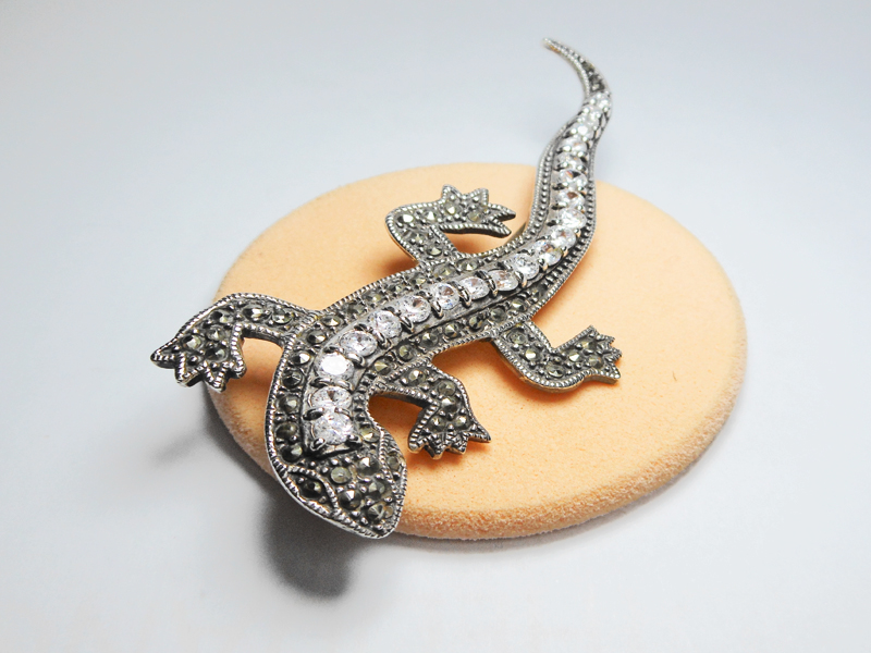Sup Silver Marcasite & CZ Lizard Brooch 925 Sterling Silver, Handmade Animal Pin Jewelry Gifts - Image 4
