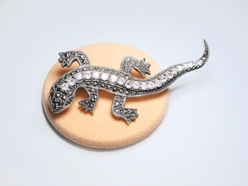 Sup Silver Marcasite & CZ Lizard Brooch 925 Sterling Silver, Handmade Animal Pin Jewelry Gifts