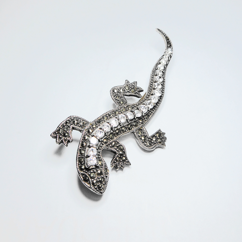 Sup Silver Marcasite & CZ Lizard Brooch 925 Sterling Silver, Handmade Animal Pin Jewelry Gifts - Image 6