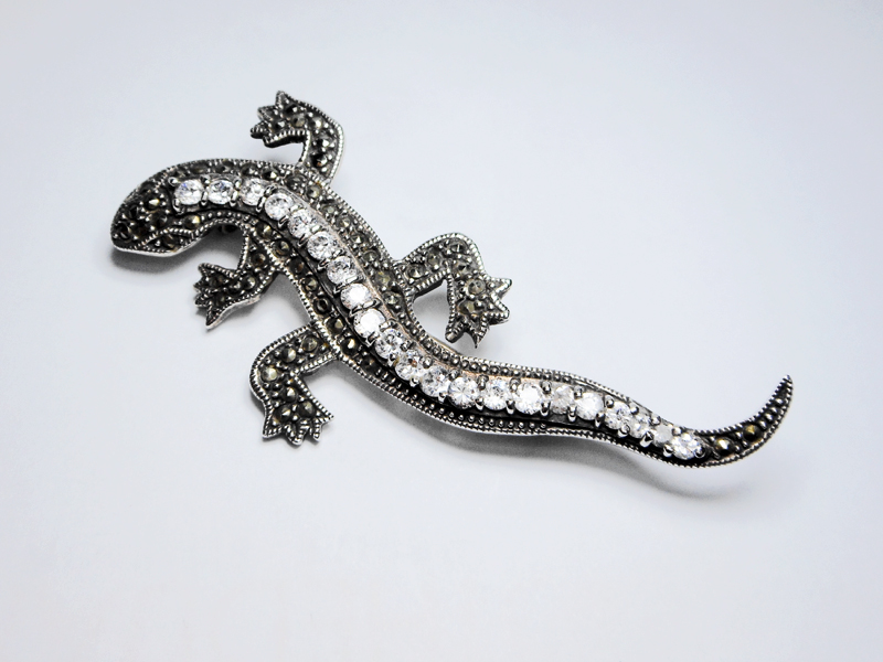 Sup Silver Marcasite & CZ Lizard Brooch 925 Sterling Silver, Handmade Animal Pin Jewelry Gifts - Image 8