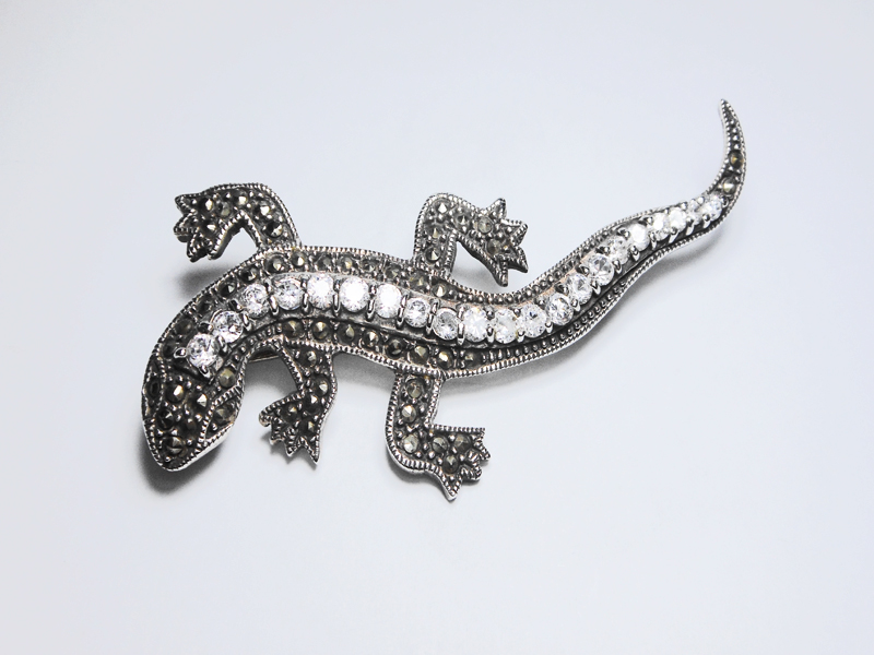 Sup Silver Marcasite & CZ Lizard Brooch 925 Sterling Silver, Handmade Animal Pin Jewelry Gifts - Image 9