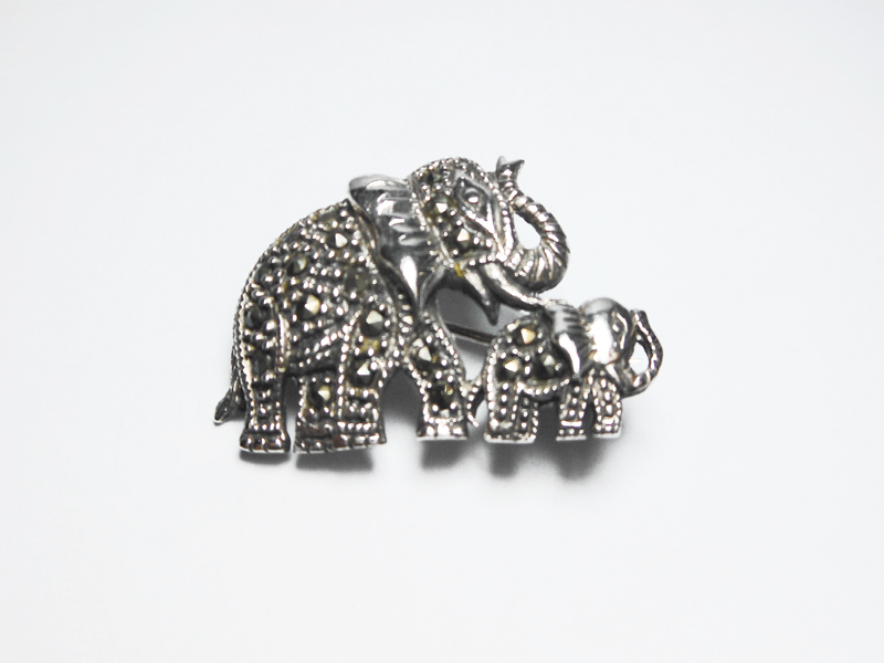Mother and Baby Elephant Brooch, Silver Marcasite Pin | Sup Silver