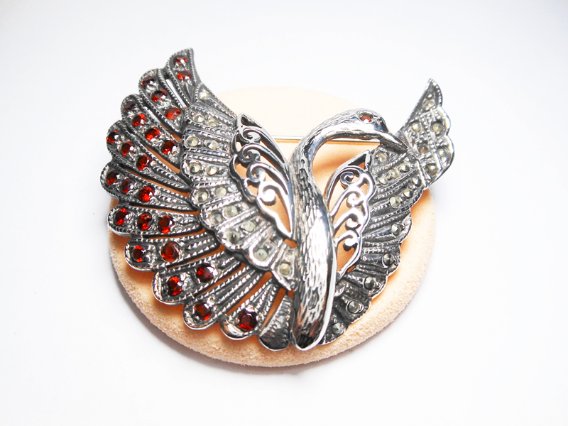 Sup Silver Marcasite & Red CZ Swan Brooch 925 Sterling Silver, Handmade Bird Pin Jewelry Gifts - Image 2