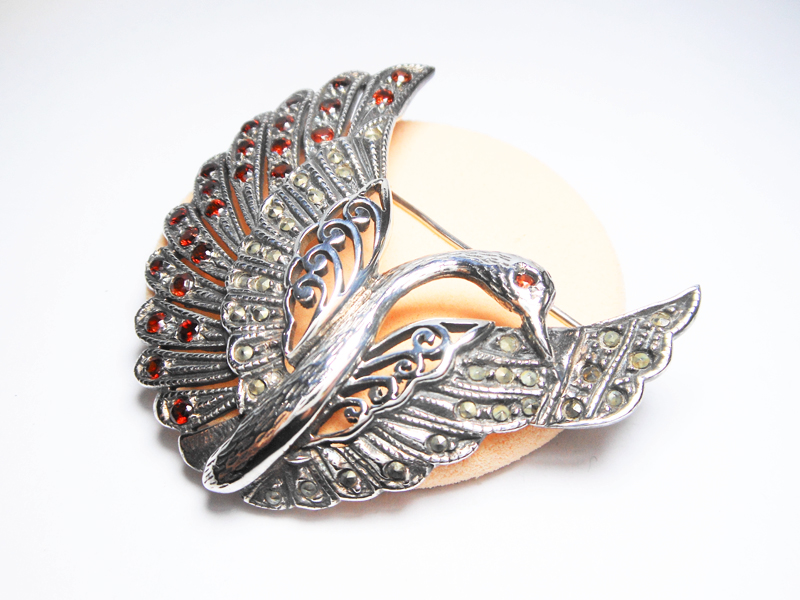 Sup Silver Marcasite & Red CZ Swan Brooch 925 Sterling Silver, Handmade Bird Pin Jewelry Gifts - Image 5