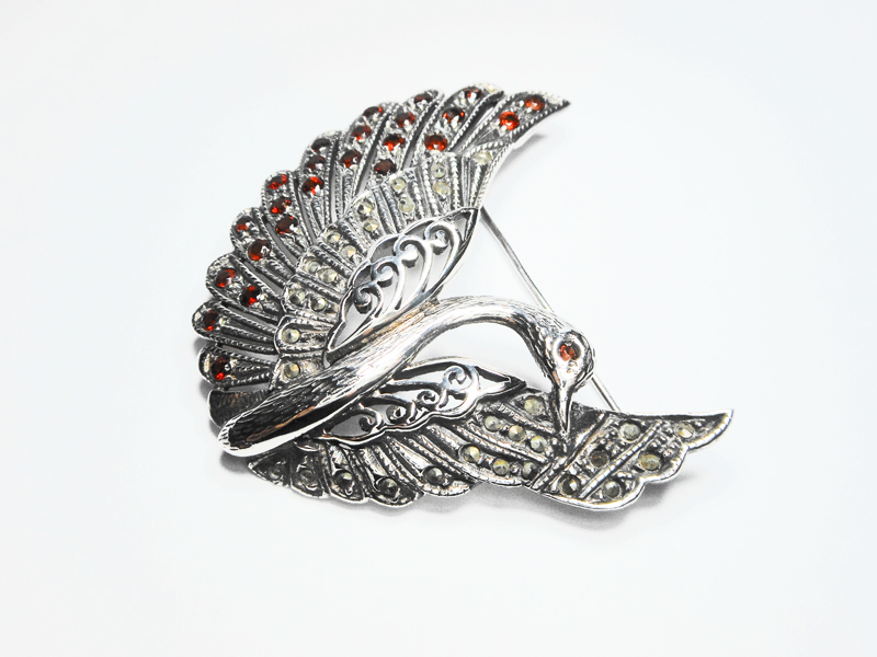 Sup Silver Marcasite & Red CZ Swan Brooch 925 Sterling Silver, Handmade Bird Pin Jewelry Gifts - Image 8