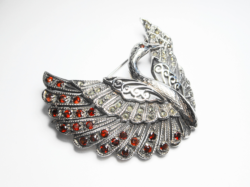 Sup Silver Marcasite & Red CZ Swan Brooch 925 Sterling Silver, Handmade Bird Pin Jewelry Gifts - Image 9