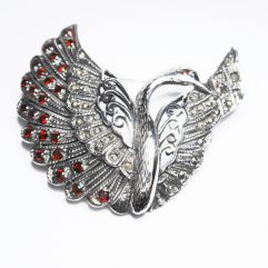 Sup Silver Marcasite & Red CZ Swan Brooch 925 Sterling Silver, Handmade Bird Pin Jewelry Gifts