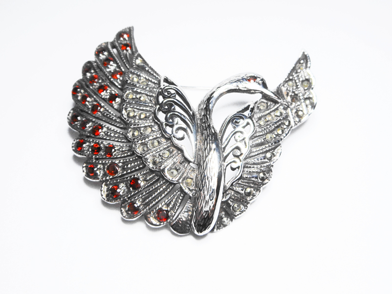 Sup Silver Marcasite & Red CZ Swan Brooch 925 Sterling Silver, Handmade Bird Pin Jewelry Gifts