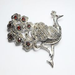 Sup Silver Red CZ & Marcasite Peacock Brooch 925 Sterling Silver, Handmade Animal Pin Jewelry Gifts