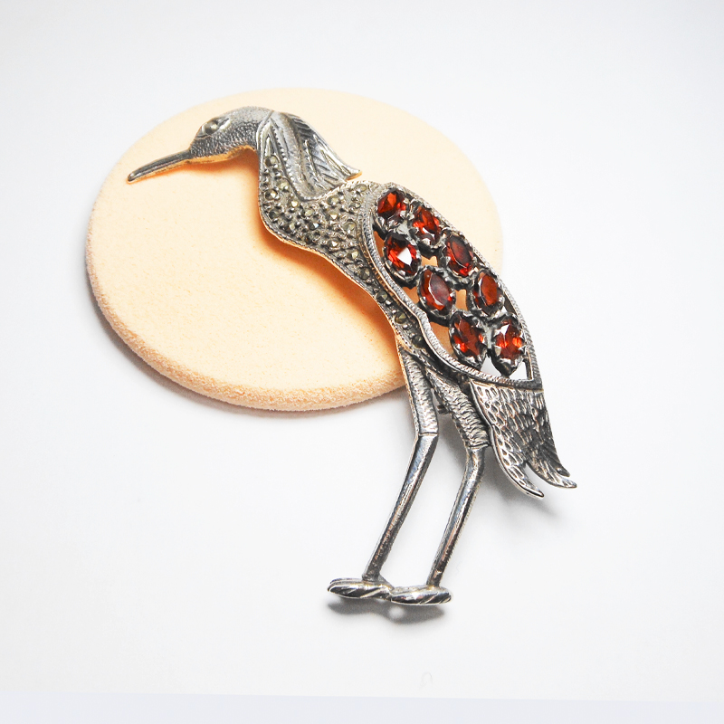 Sup Silver Marcasite and CZ Crane Brooch 925 Sterling Silver, Handmade Bird Pin Jewelry Gifts - Image 2