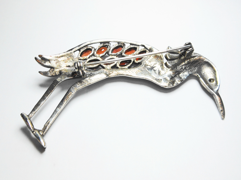 Sup Silver Marcasite and CZ Crane Brooch 925 Sterling Silver, Handmade Bird Pin Jewelry Gifts - Image 3