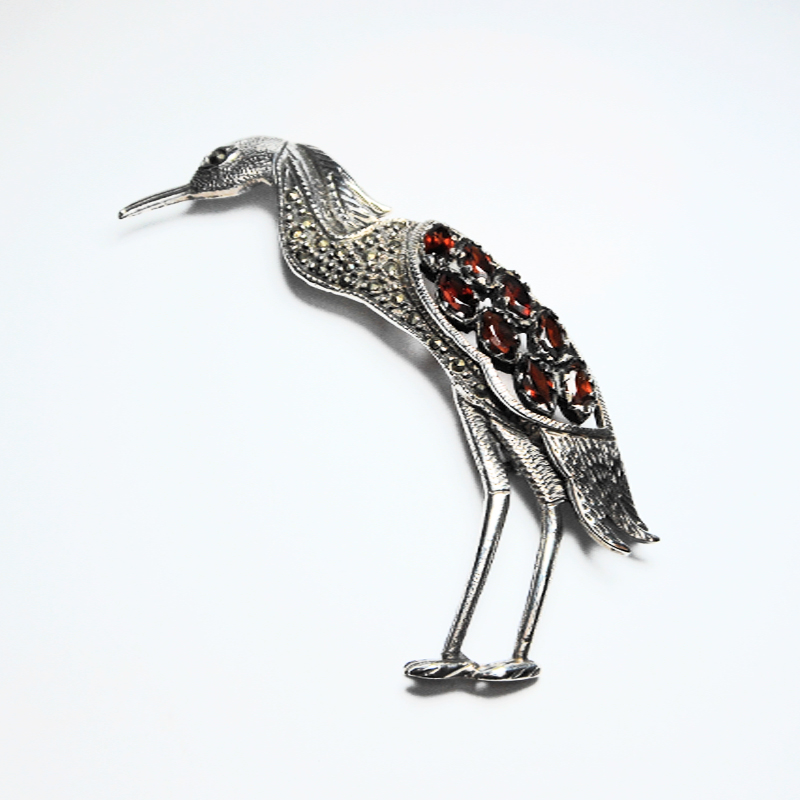 Sup Silver Marcasite and CZ Crane Brooch 925 Sterling Silver, Handmade Bird Pin Jewelry Gifts