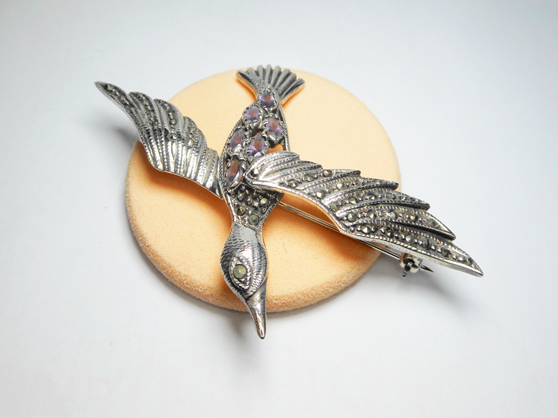Sup Silver Marcasite Bird Brooch 925 Sterling Silver, Handmade Amethyst Pin For Holiday Gifts - Image 2