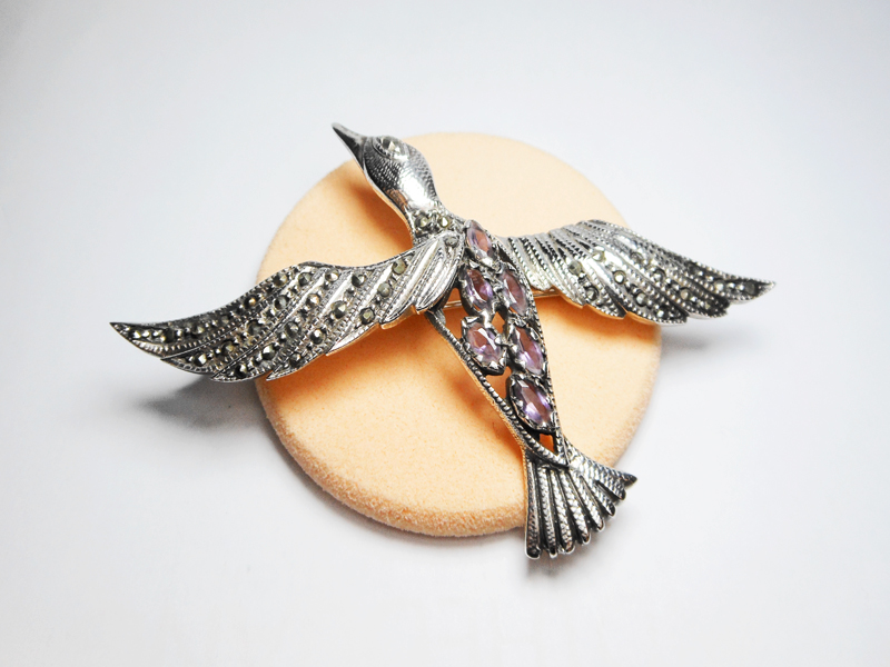 Sup Silver Marcasite Bird Brooch 925 Sterling Silver, Handmade Amethyst Pin For Holiday Gifts - Image 4