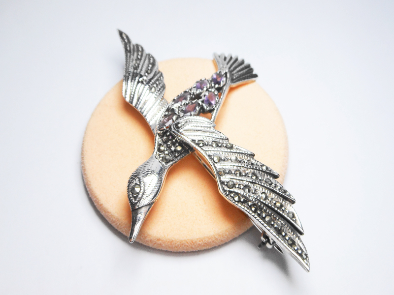 Sup Silver Marcasite Bird Brooch 925 Sterling Silver, Handmade Amethyst Pin For Holiday Gifts - Image 5