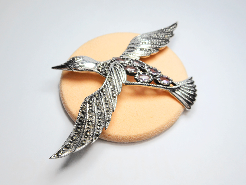 Sup Silver Marcasite Bird Brooch 925 Sterling Silver, Handmade Amethyst Pin For Holiday Gifts - Image 6