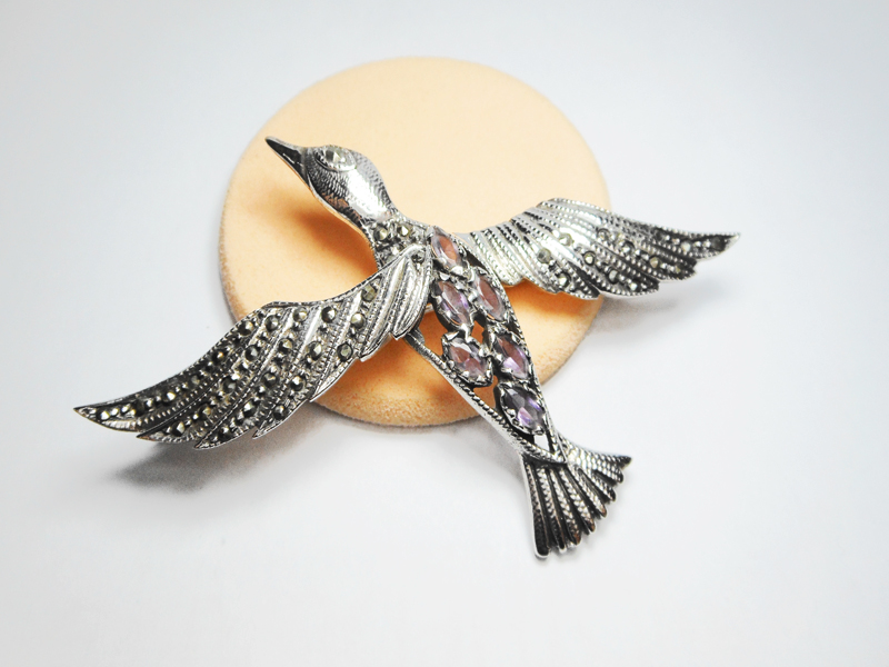 Sup Silver Marcasite Bird Brooch 925 Sterling Silver, Handmade Amethyst Pin For Holiday Gifts - Image 7