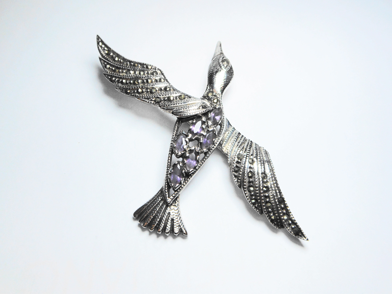 Sup Silver Marcasite Bird Brooch 925 Sterling Silver, Handmade Amethyst Pin For Holiday Gifts - Image 9