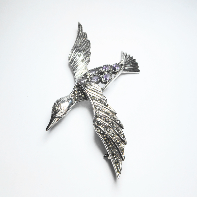 Sup Silver Marcasite Bird Brooch 925 Sterling Silver, Handmade Amethyst Pin For Holiday Gifts - Image 10