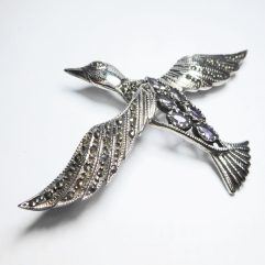 Sup Silver Marcasite Bird Brooch 925 Sterling Silver, Handmade Amethyst Pin For Holiday Gifts