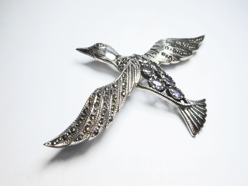 Sup Silver Marcasite Bird Brooch 925 Sterling Silver, Handmade Amethyst Pin For Holiday Gifts